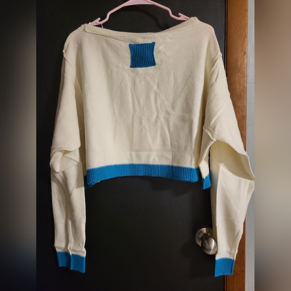 Free People Cream Cropped Sweater with Teal Trim - Picture 8 of 16